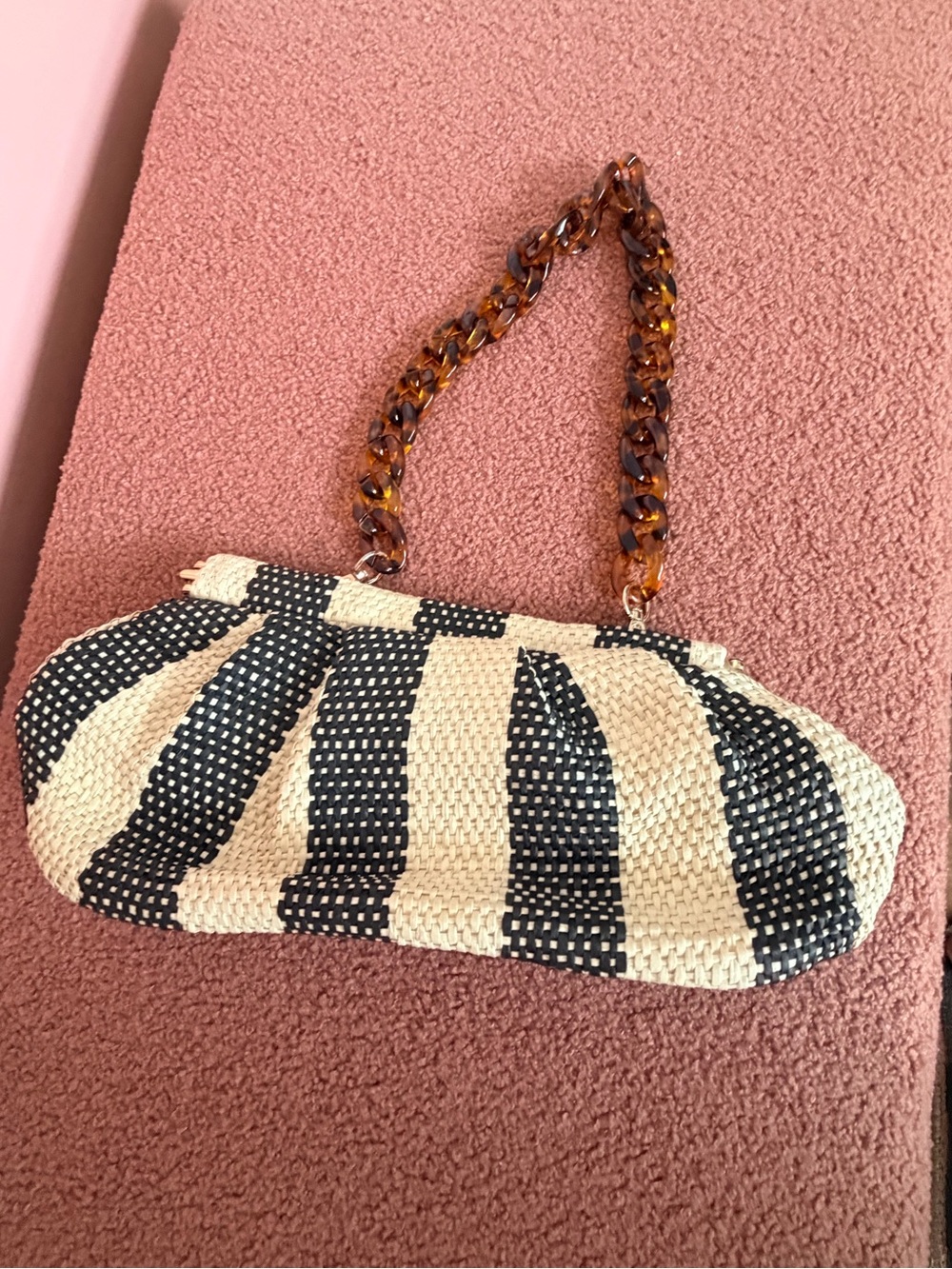 Woven Black and Cream Stripe Shoulder Bag with Tortoiseshell Chain.